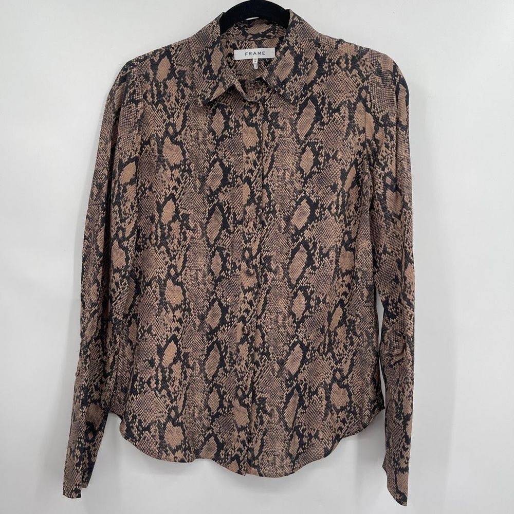 Frame Women's Button-Up Collared Snakeskin Print Tan Black Silk Top Size XS